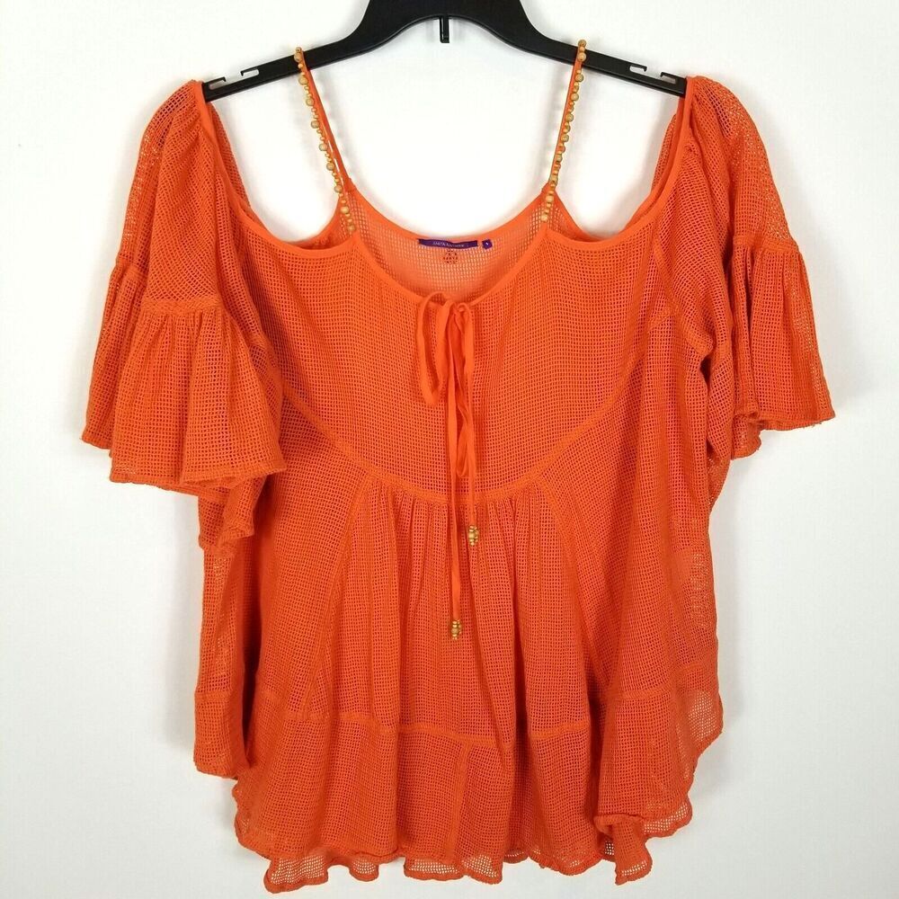 AMITA NAITHANI Women Orange Mesh Flared Cover Up Top Size S Orange  Boho